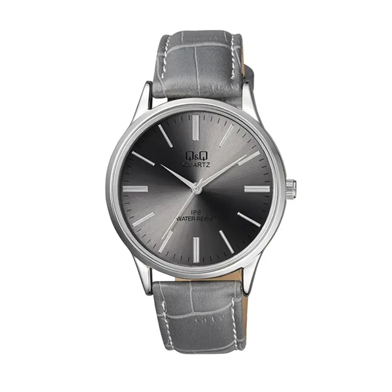 Q&Q Japan Quartz Grey Dial Grey Leather Strap Men's Watch- C214J322Y